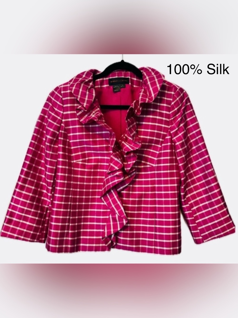 Nina McLemore 100% Silk Pink Plaid Ruffle Blazer Jacket Size 4 Career Chic